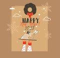 Hand drawn vector abstract Merry Christmas and Happy New Year time retro vintage cartoon illustrations greeting card