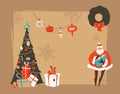 Hand drawn vector abstract Merry Christmas and Happy New Year time vintage cartoon illustrations greeting card header Royalty Free Stock Photo