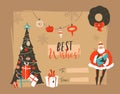 Hand drawn vector abstract Merry Christmas and Happy New Year time vintage cartoon illustrations greeting card header Royalty Free Stock Photo