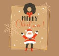 Hand drawn vector abstract Merry Christmas and Happy New Year time vintage cartoon illustrations greeting card template Royalty Free Stock Photo