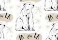 Hand drawn vector abstract Merry Christmas seamless pattern with North Pole white polar bear,snowflakes and caroling