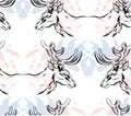 Hand drawn vector abstract mirror Christmas seamless pattern with graphic reindeers in pastel colors isolated on white