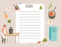 Hand drawn vector abstract modern cartoon cooking studio illustrations recipe card planner templete with woman,food