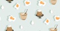 Hand drawn vector abstract modern cartoon cooking time fun illustrations icons seamless pattern with eggs,pudding and