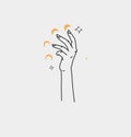 Hand drawn vector abstract outline,graphic,line art magic human hand with moon and star logo in minimalistic modern