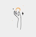 Hand drawn vector abstract outline,graphic,line art magic human hand with moon and star logo in minimalistic modern