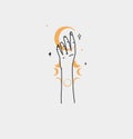 Hand drawn vector abstract outline,graphic,line art magic human hand with moon and star logo in minimalistic modern