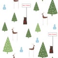 Hand drawn vector abstract Scandinavian Christmas tree, bear and deer seamless pattern. Royalty Free Stock Photo