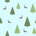 Hand drawn vector abstract Scandinavian Christmas tree and deer seamless pattern. Royalty Free Stock Photo