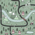 Hand drawn vector abstract scandinavian graphic illustration seamless pattern with houses, animals, trees and mountains