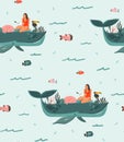 Hand drawn vector abstract stock flat cartoon graphic summer time underwater ocean illustrations seamless pattern with Royalty Free Stock Photo