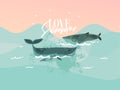 Hand drawn vector abstract stock flat graphic illustration with happy beauty swimming whales and sundown ocean scene Royalty Free Stock Photo