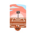 Hand drawn vector abstract stock flat graphic illustration with sundown beach scene of street basketball court and ball Royalty Free Stock Photo