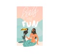 Hand drawn vector abstract stock flat graphic illustration with young happy ,beauty woman mermaind in bikini sitting on