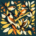 Hand drawn vector abstract stock graphic illustration with bullfinch birds and autumn leaves on green background Generative AI