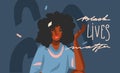 Hand drawn vector abstract stock graphic illustration with young black afro american beauty woman and Black lives matter