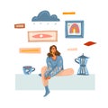 Hand drawn vector abstract stock graphic illustration with young melancholy female making and drinking coffee at home