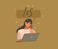 Hand drawn vector abstract stock graphic illustration with young smiling female working on laptop computer ,talking on Royalty Free Stock Photo