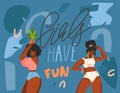 Hand drawn vector abstract stock graphic illustration with young smiling positive african american females dancing and