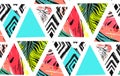 Hand drawn vector abstract summer time collage seamless pattern with watermelon,aztec and tropical palm leaves motif Royalty Free Stock Photo