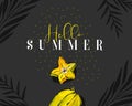 Hand drawn vector abstract summer time creative header with tropical fruit carambola,exotic palm leaves and modern