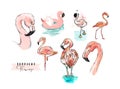 Hand drawn vector abstract summer time freehand textured tropical pink flamingo collection illustrations set in