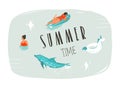 Hand drawn vector abstract summer time fun cartoon illustration with swimming people,surfer on longboard,unicorn float