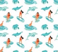Hand Drawn Vector Abstract Summer Time Fun Seamless Pattern With Surfers Girl In Bikini ,dog On Surfboards And Jumping
