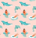 Hand drawn vector abstract summer time fun seamless pattern with surfers girl in bikini ,dog on surfboards and jumping Royalty Free Stock Photo