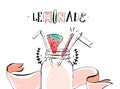 Hand drawn vector abstract summer time lemonade header illustration with glass bottle jar ,watermellon,ribbon and Royalty Free Stock Photo