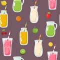 Hand drawn vector abstract summer time organic fresh fruits seamless pattern with cocktail in glass bottle jar Royalty Free Stock Photo