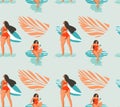 Hand drawn vector abstract summer time seamless pattern with surfers girl in bikini on the beach and tropical palm