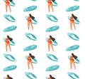 Hand Drawn Vector Abstract Summer Time Seamless Pattern With Surfers Girl In Bikini And Surfboards Isolated On White