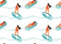 Hand Drawn Vector Abstract Summer Time Seamless Pattern With Surfers Girl In Bikini,surfboards And Ocean Waves Texture