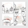 Hand drawn vector abstract textured food card design template with graphic food and kitchen illustration for recipe