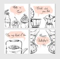Hand drawn vector abstract textured food card design template with graphic food and kitchen illustration and Valentines