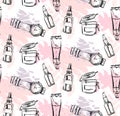 Hand drawn vector abstract textured graphic fashion chic style collection seamless pattern with girl accessories in pink