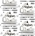 Hand drawn vector abstract textured seamless christmas pattern design with handwritten ink modern lettering phase Merry Royalty Free Stock Photo