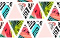 Hand drawn vector abstract unusual summer time decoration collage seamless pattern with watermelon,aztec and tropical Royalty Free Stock Photo