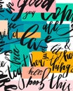Hand drawn vector artistic abstract painting background with different handwritten lettering words.Broken text collage