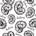 Hand-drawn vector artwork seamless pattern of linear style pretzels. Vintage bakery, graphic food elements isolated.