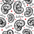 Hand-drawn vector artwork seamless pattern of linear style pretzels. Vintage bakery, graphic food elements isolated.