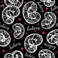 Hand-drawn vector artwork seamless pattern of linear style pretzels. Vintage bakery, graphic food elements isolated.