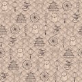 Hand drawn vector asian seamless pattern containing oriental elements brown contours