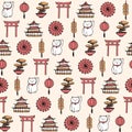 Hand drawn vector asian seamless pattern containing oriental elements