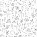 Hand drawn vector asian seamless pattern with umbrellas, japanese lucky cats, coins, lanterns, bonsai and torii gates contours in Royalty Free Stock Photo