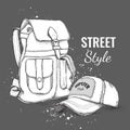 Hand drawn Vector Backpack and cap. Vector illustration