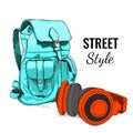 Hand drawn Vector Backpack and headphones. Vector illustration