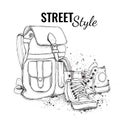 Hand drawn Vector Backpack and sneakers. Vector illustration