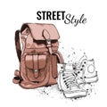 Hand drawn Vector Backpack and sneakers. Vector illustration